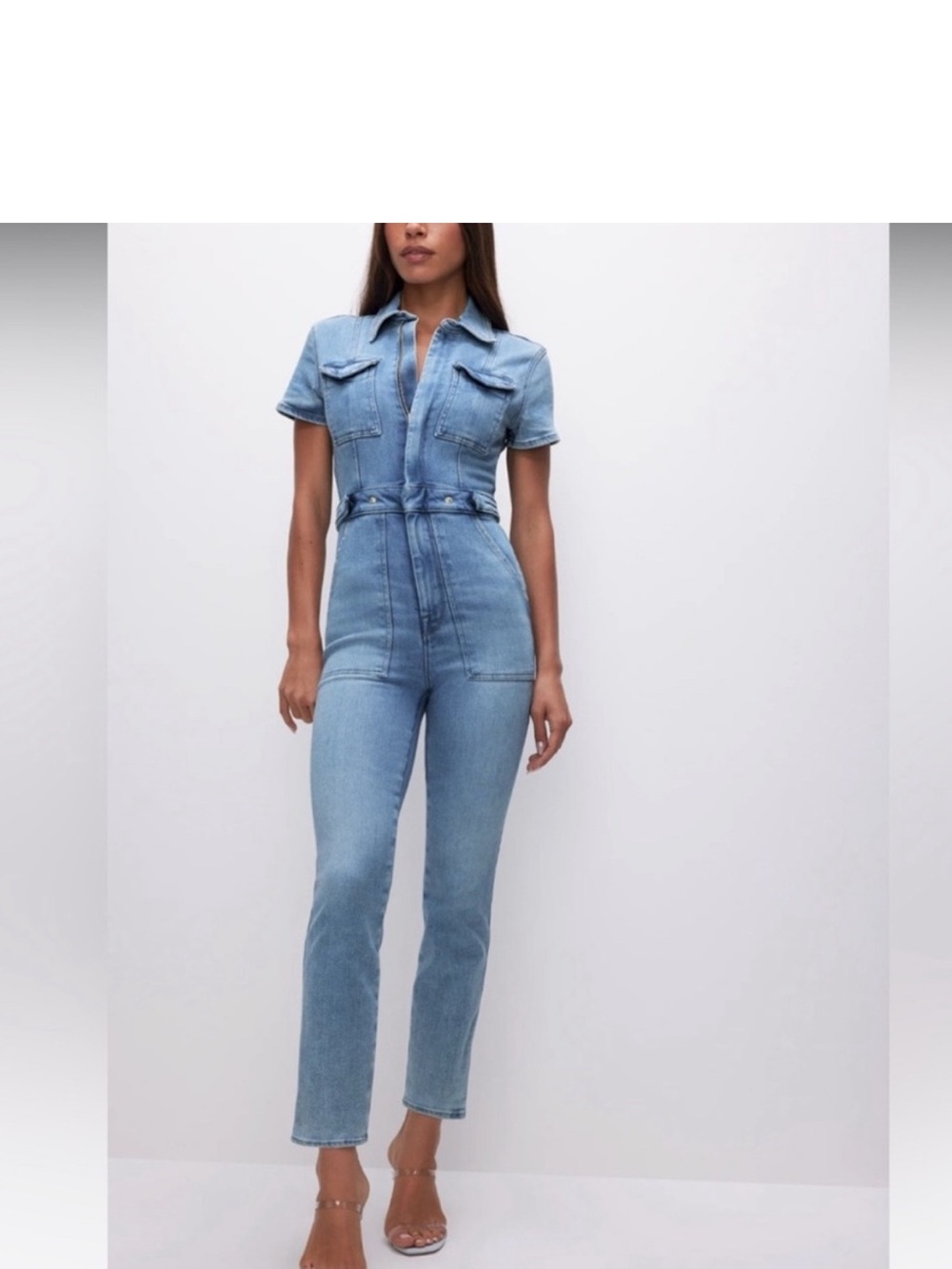 Good American Light Blue Straight Leg Denim Jumpsuit
